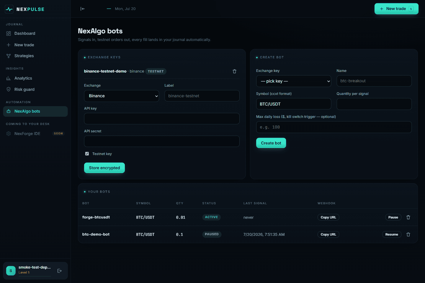 NexAlgo bot control surface — exchange keys, bots, live execution log