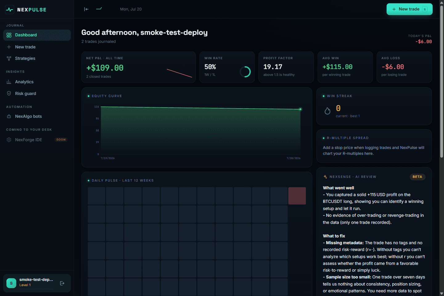 NexPulse dashboard — equity curve, win rate, R-multiple spread, recent trades